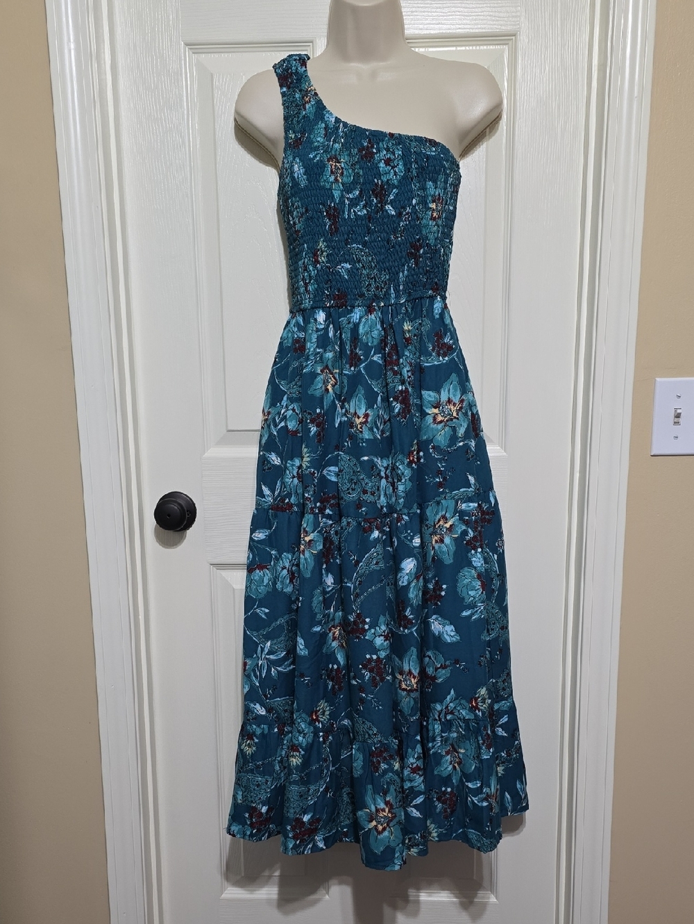Teal One-Shoulder Floral Midi Dress with Smocked Bodice